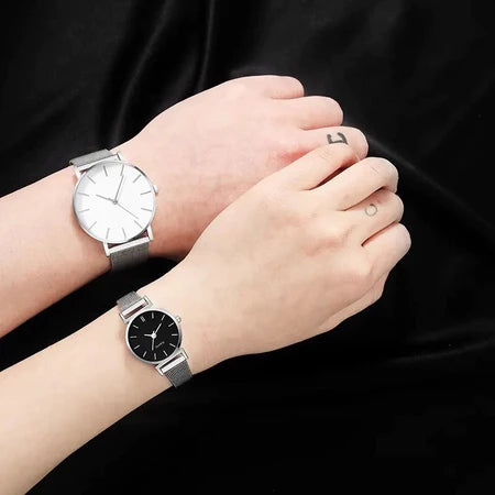 Kit 2 Relógios Minimalistas Unissex Aço Inoxidável Pulseira Mesh Preto e Branco
