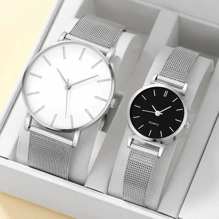 Kit 2 Relógios Minimalistas Unissex Aço Inoxidável Pulseira Mesh Preto e Branco